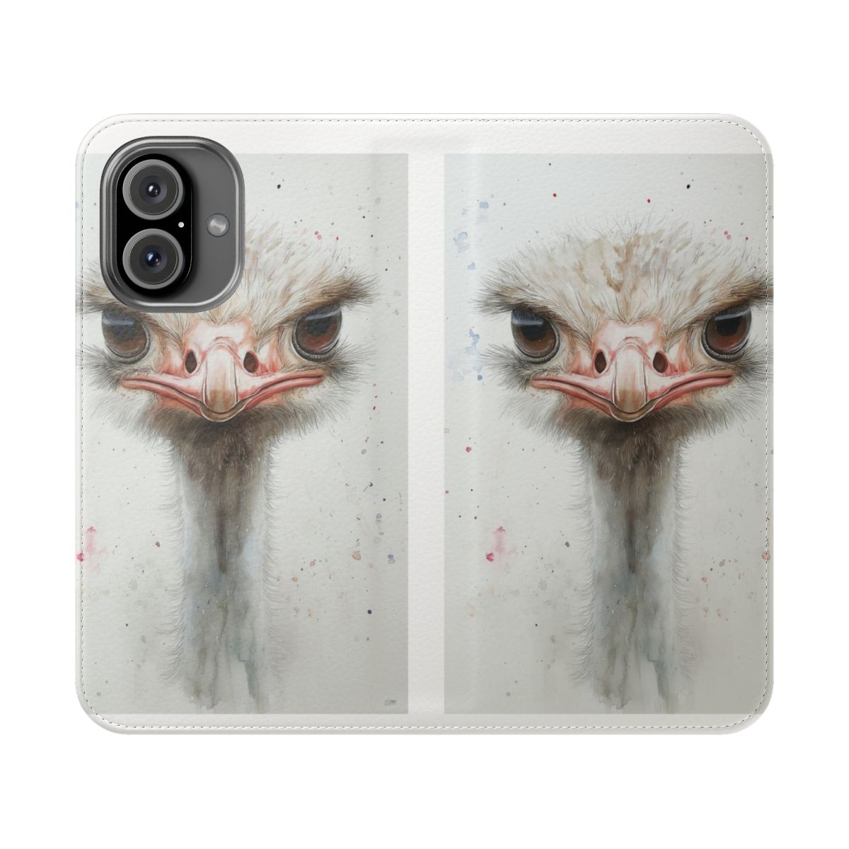 Detailed and whimsical ostrich portrait on a flip phone case