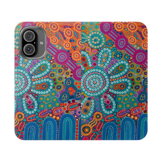 Flip phone case featuring vibrant aboriginal art design