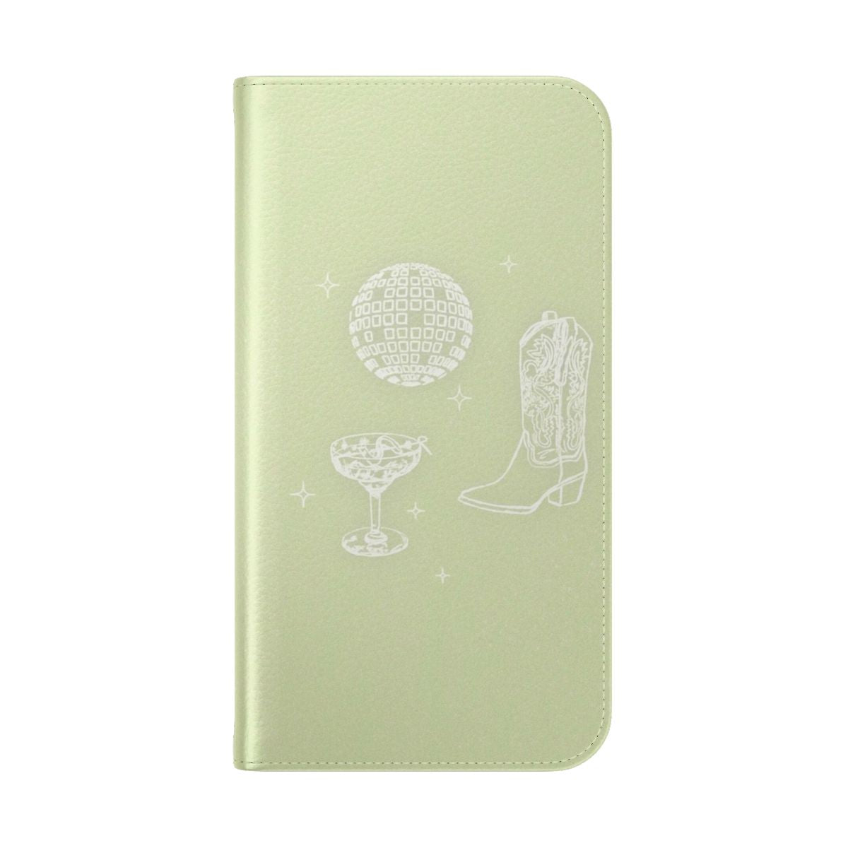 A pastel-colored phone case featuring a disco cowgirl design. - Folded Back