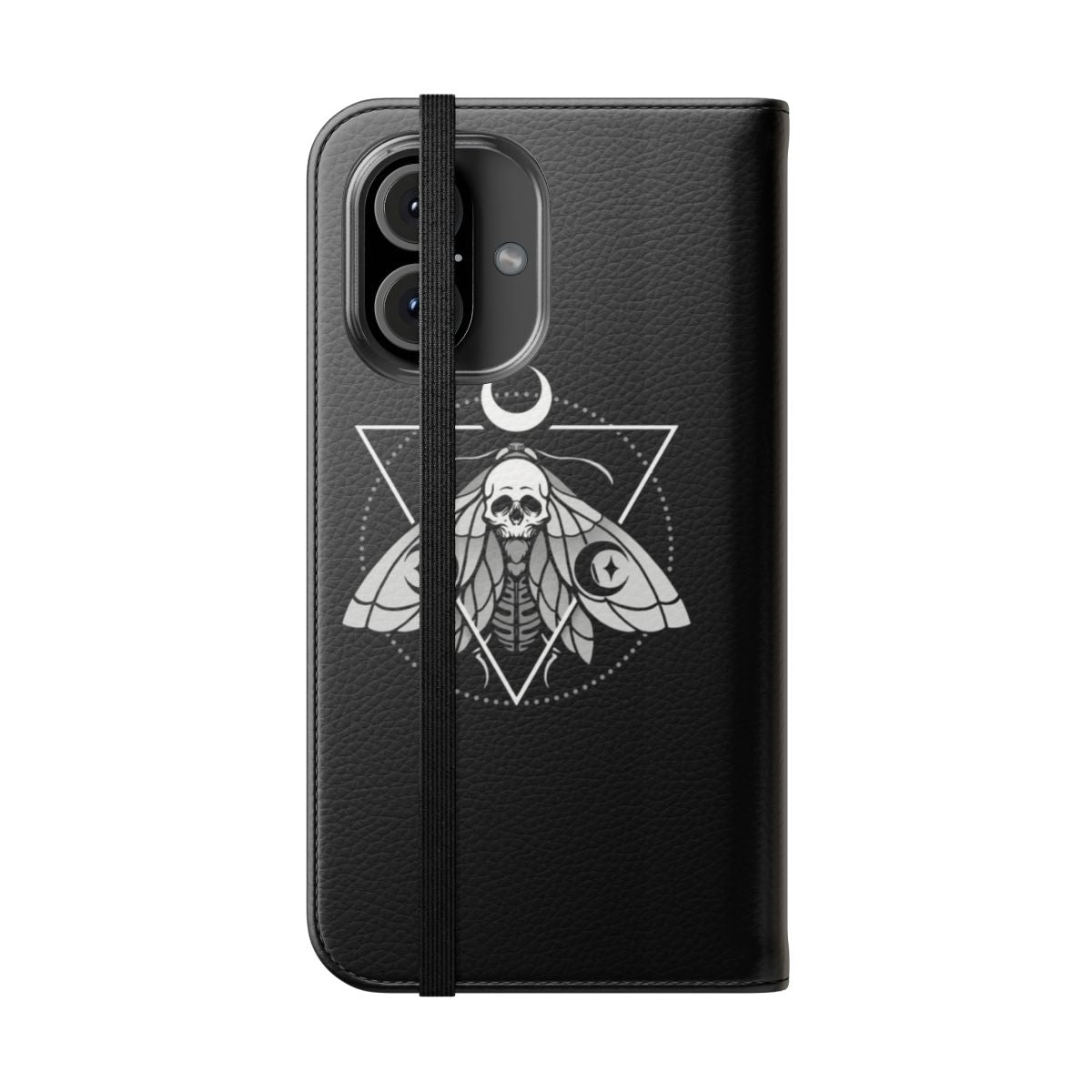 Mystic Moth Gothic Phone Case with Geometric Skull and Moon Design - Folded Front