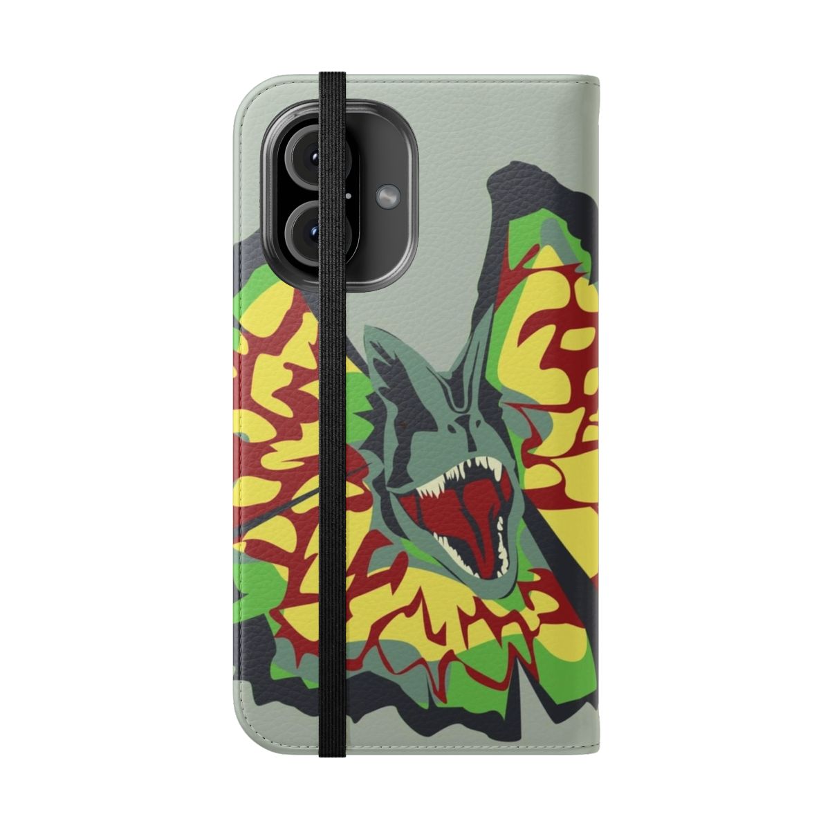 Dilophosaurus-themed phone case with graphic design inspired by the Jurassic Park franchise - Folded Front