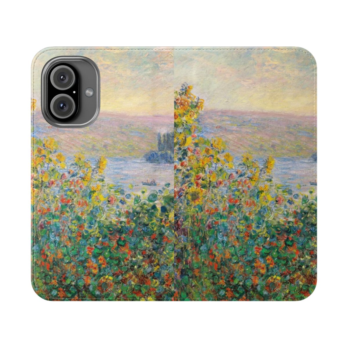 Monet-style impressionist painting of flower beds in a soft, pastel color palette on a phone case