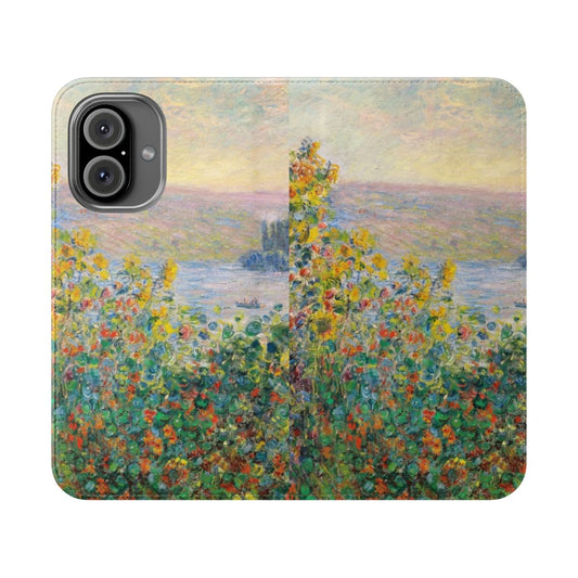 Monet-style impressionist painting of flower beds in a soft, pastel color palette on a phone case