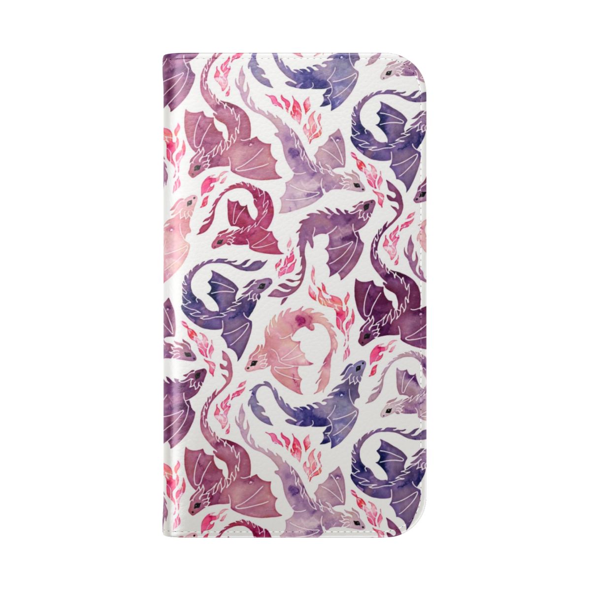 A pink and purple flip phone case with a watercolor dragon and flames design. - Folded Back