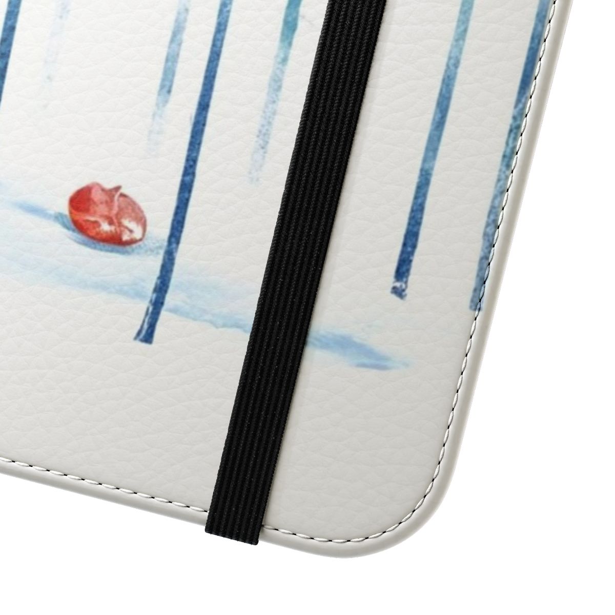 Flip cover phone case with a watercolor painting of a fox in a forest landscape - Close Up