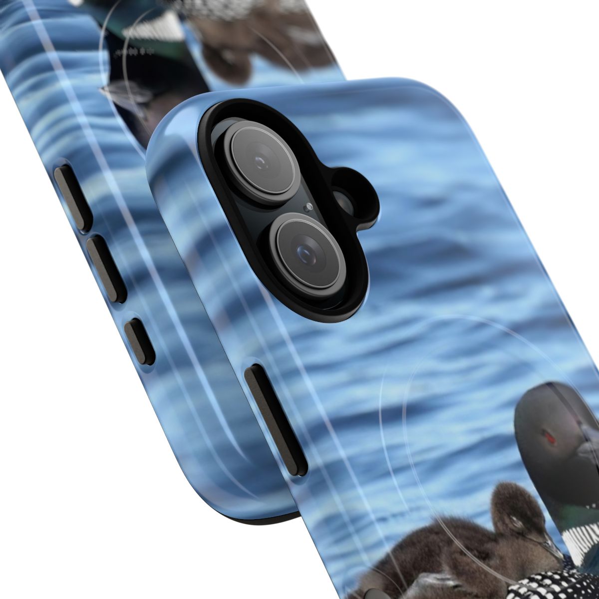 Artistic image of a mother loon with her two baby chicks, featured on a protective and durable magnetic phone case - Detail