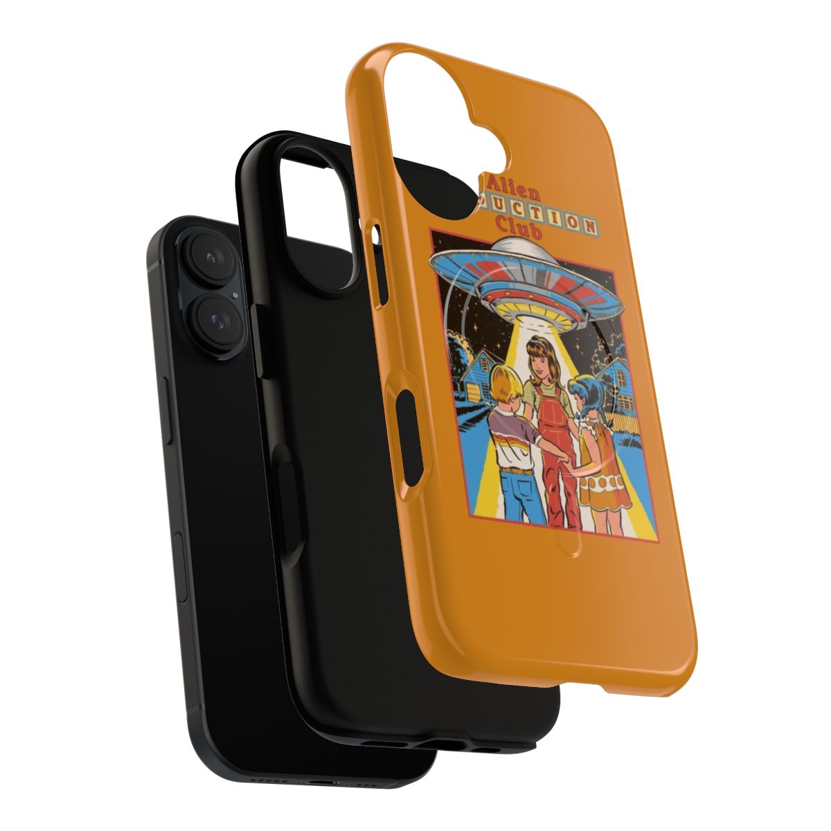 Retro-style phone case with an alien abduction design, featuring a magnetic closure for protection. - Layers