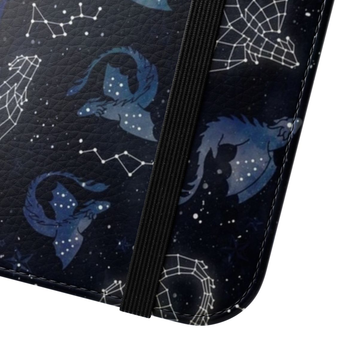 Watercolor illustration of a dragon surrounded by star constellations on a navy blue phone case - Close Up