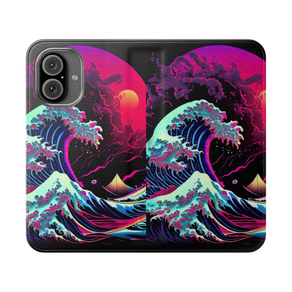 Retro wave synthwave phone case with Katsushika Hokusai's 'The Great Wave off Kanagawa' artwork