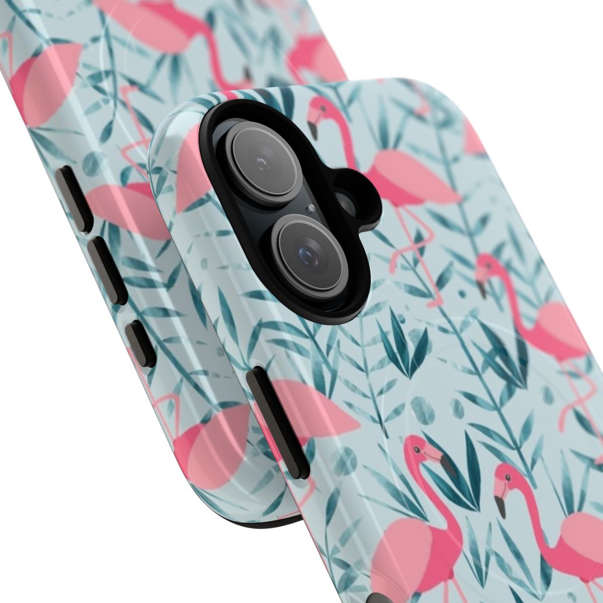 Stylish and durable phone case featuring a vibrant flamingo design in tropical colors. - Detail