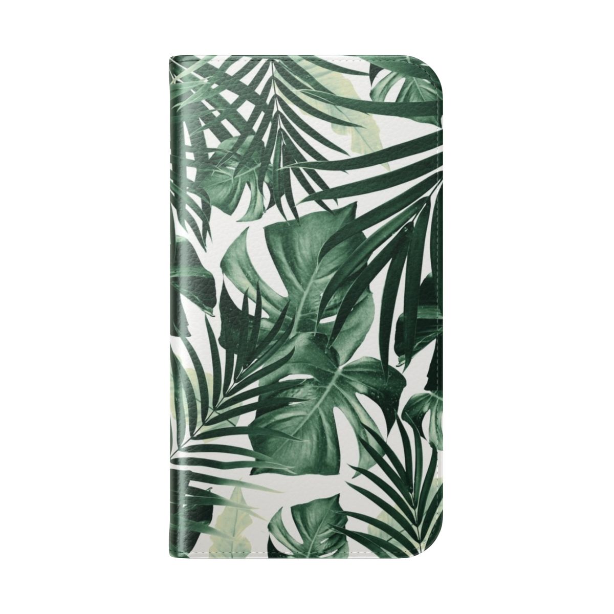 Closeup of a tropical leaves pattern phone case with shades of green leaves on a white background - Folded Back