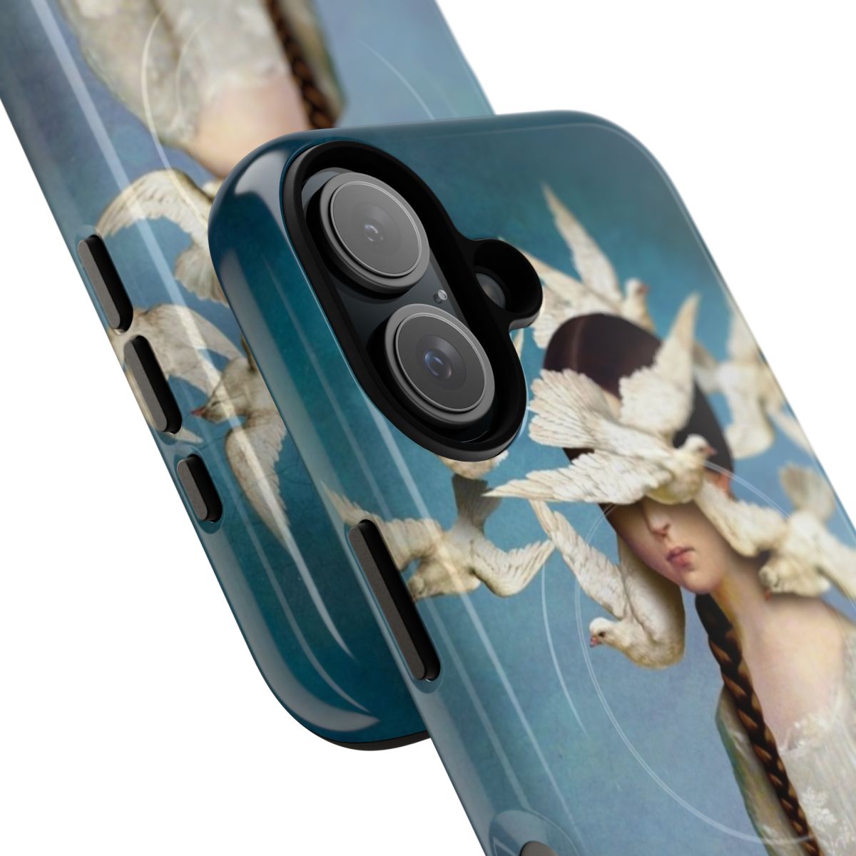 Artistic magnetic tough phone case with a fantasy design featuring a girl, birds, and a dove in a surreal, dreamlike scene. - Detail