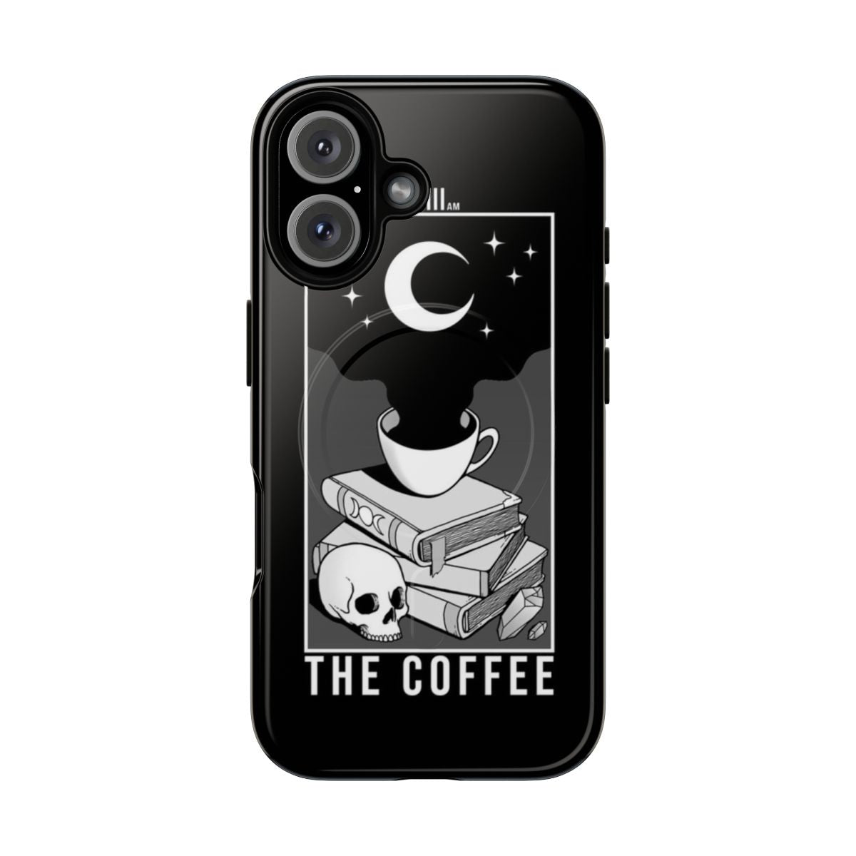 A dark, gothic phone case featuring a coffee cup, tarot cards, and occult symbols.