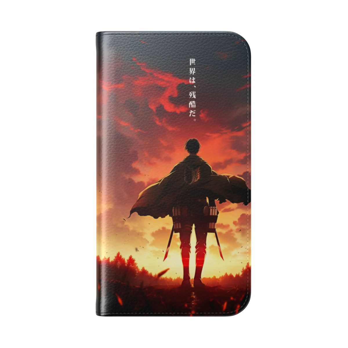 Anime-themed phone case featuring a design inspired by the popular series "Attack on Titan" and character Levi Ackerman. - Folded Back