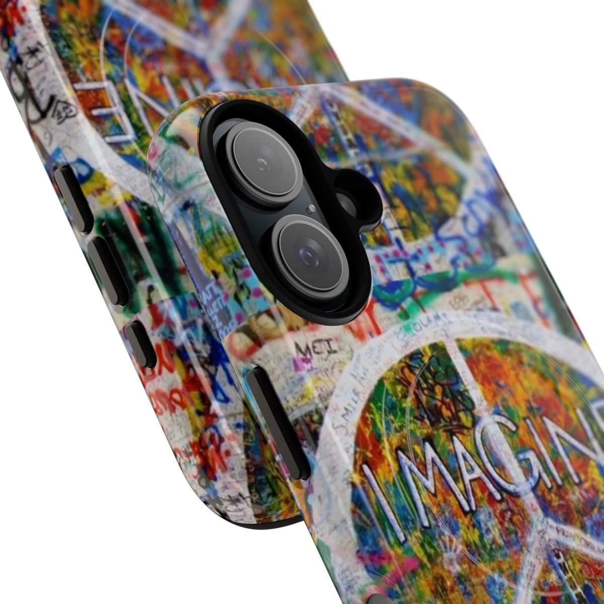 Colorful phone case featuring the iconic John Lennon Wall imagery - Detail