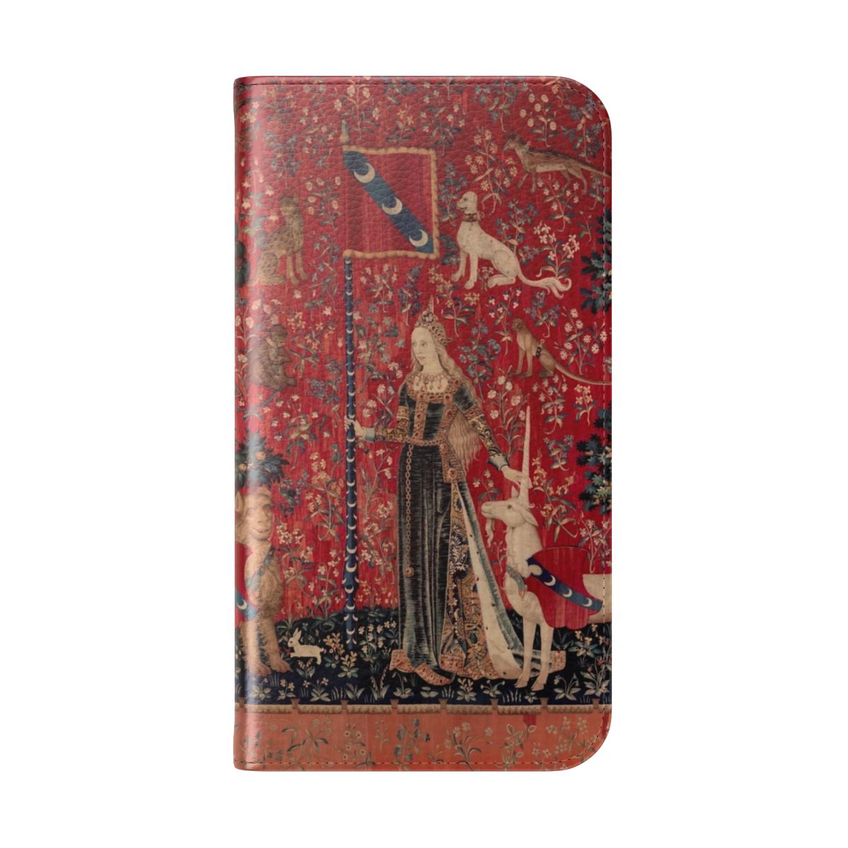 Vintage-style phone case featuring a medieval tapestry design with a lady and unicorn amid a lush, floral millefleur landscape. - Folded Back