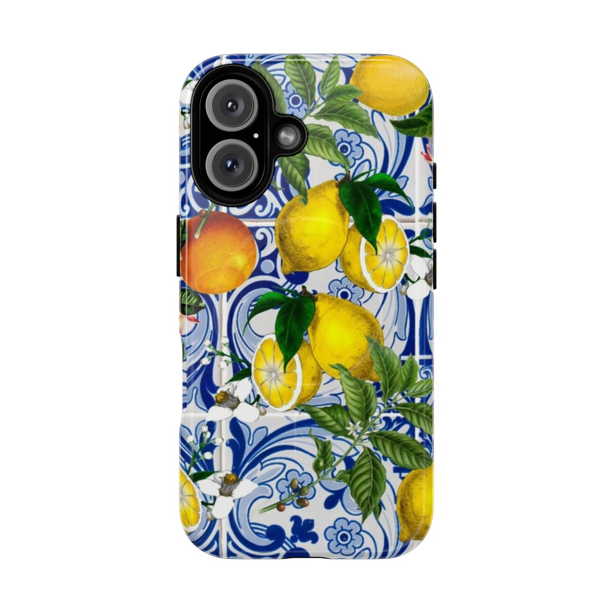 Bright and bold phone case featuring a lemon pattern on colorful Mediterranean-style ceramic tiles