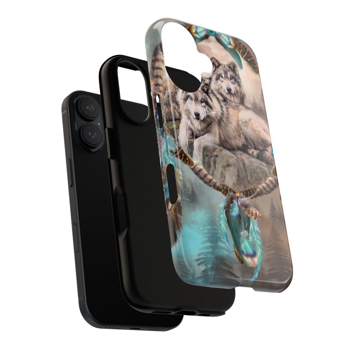 A magnetic phone case featuring a dynamic wolf art design with a dream catcher motif. - Layers