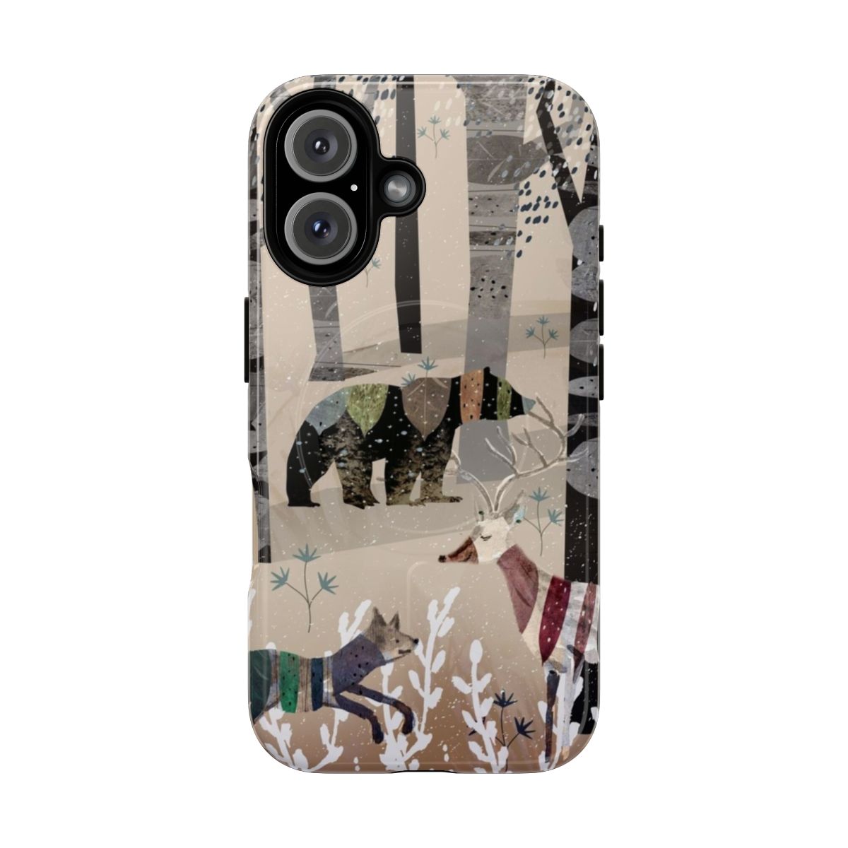 Illustration of a forest in a winter sweater on a phone case with animals like a bear, deer, and fox.