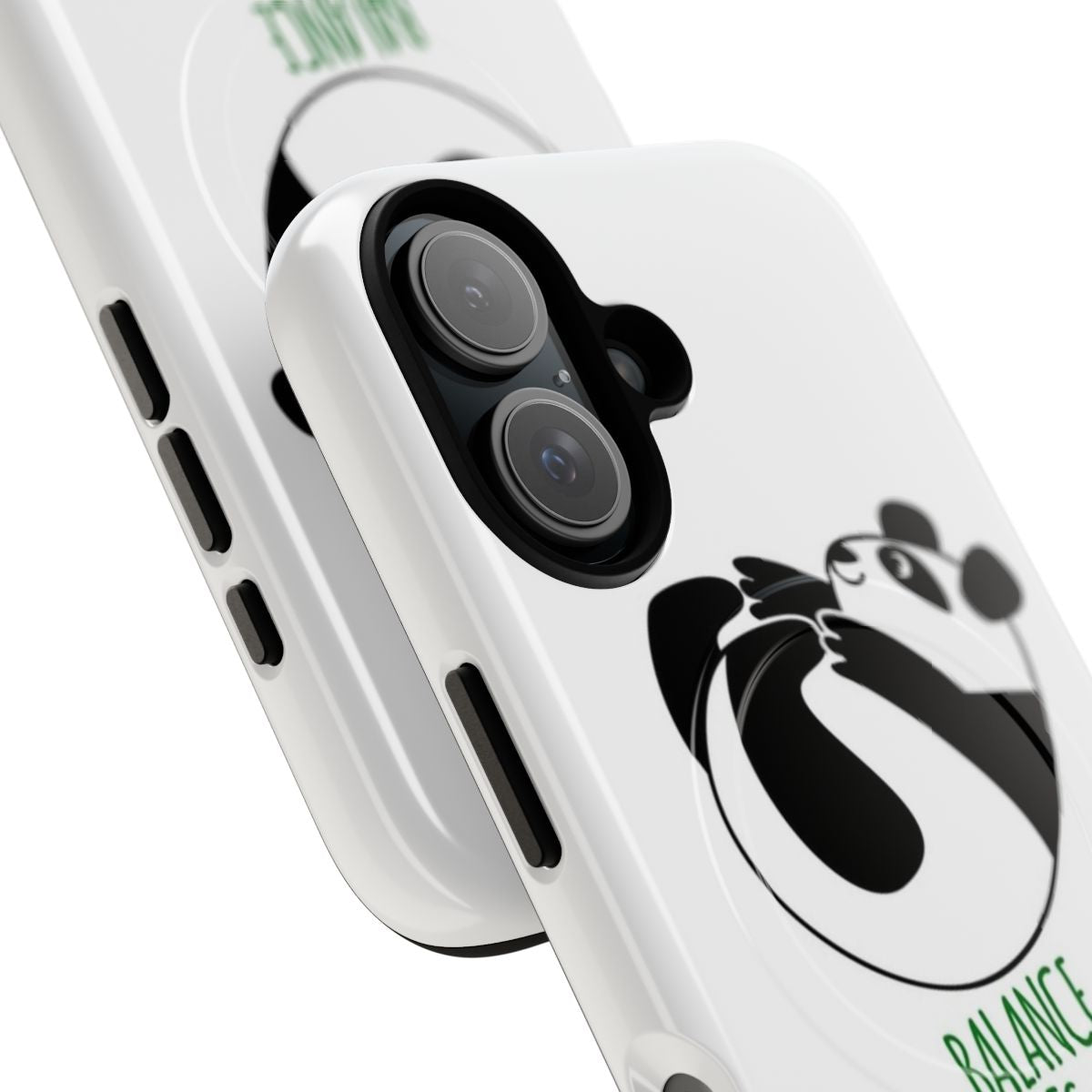 Tumbling panda on a magnetic tough phone case design, emphasizing balance and motivation - Detail