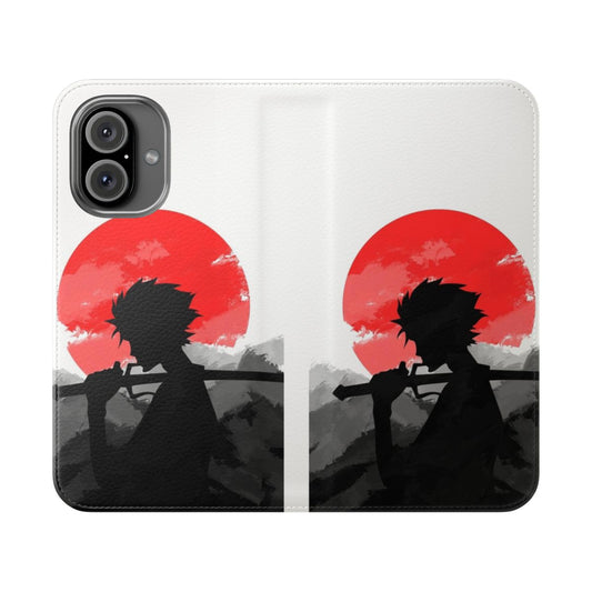 A colorful flip cover phone case featuring iconic characters from the anime "Samurai Champloo" set against a vibrant sunset backdrop.