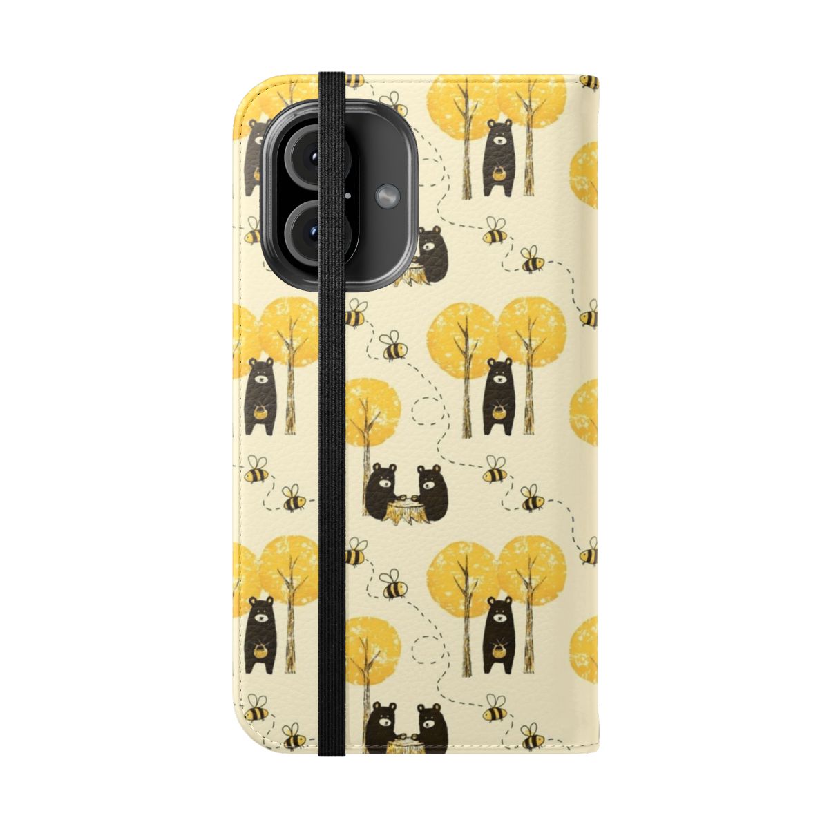 Flip cover phone case with a cute bear pattern design, surrounded by a forest scene with bees and flowers. - Folded Front