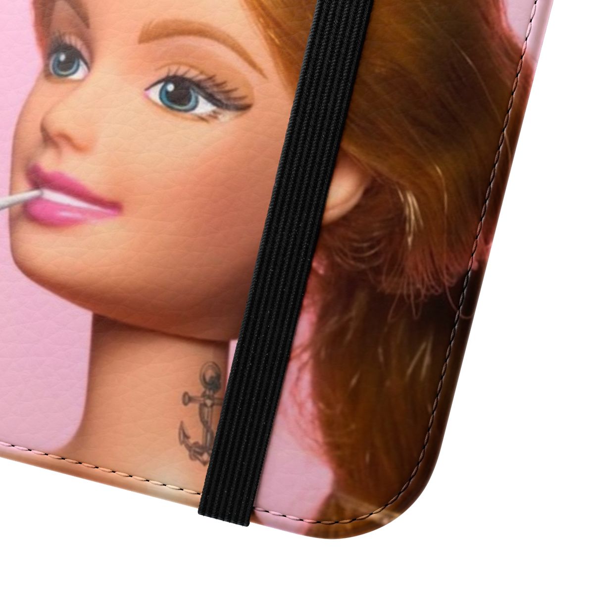 A flip cover phone case with a minimalist doll-inspired design, featuring a surreal, contemporary pop art style. - Close Up