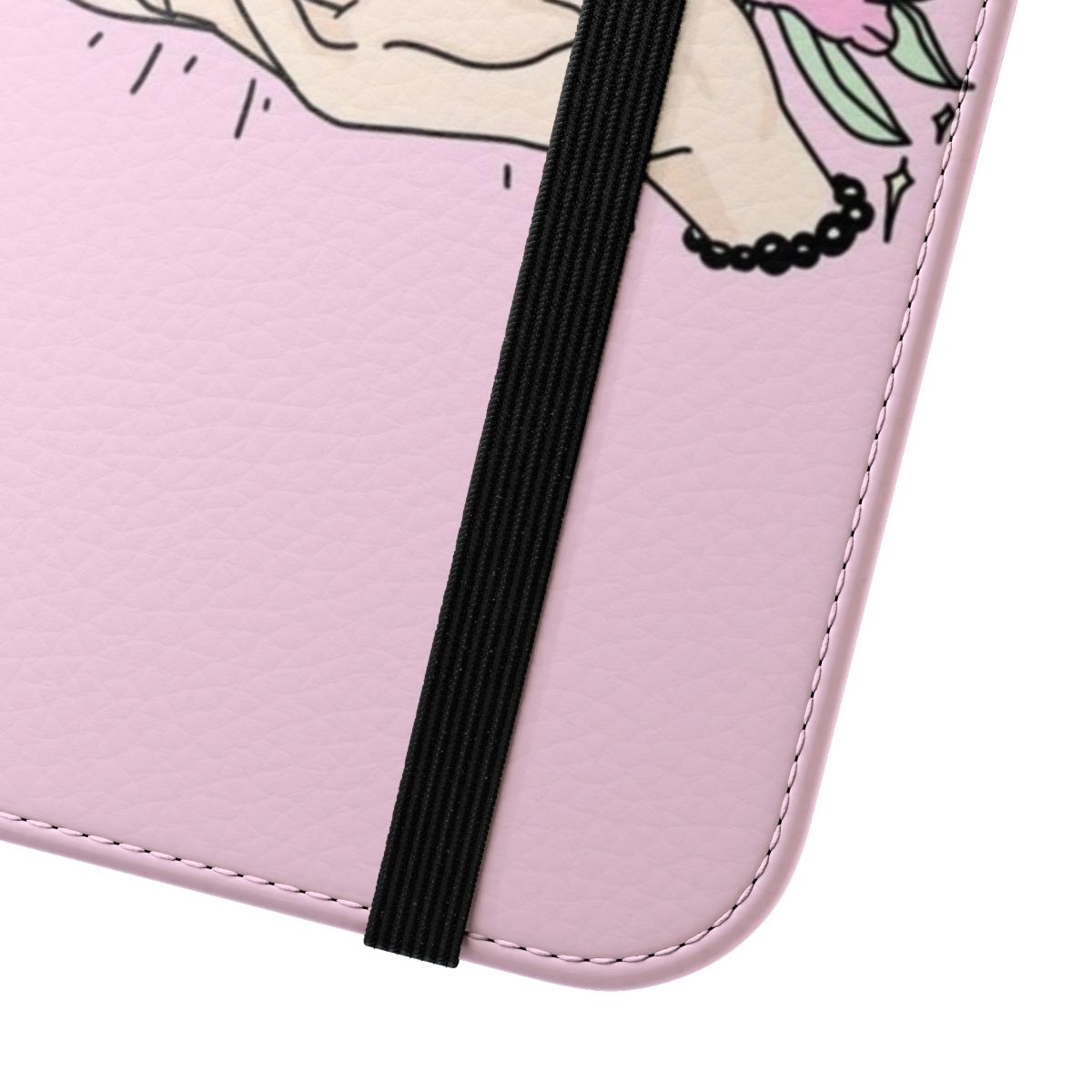 A pink flip cover phone case featuring a floral, magical design with roses, crystals, and a psychic aesthetic. - Close Up