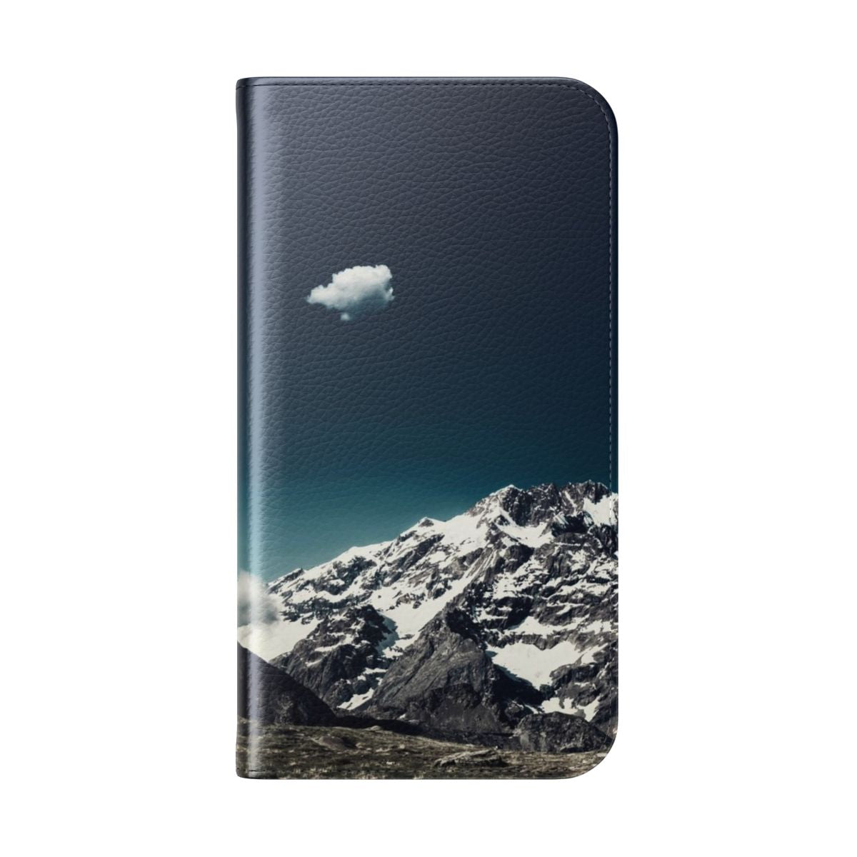 Mountain landscape flip cover phone case with snow-capped peaks, clouds, and rocky terrain - Folded Back