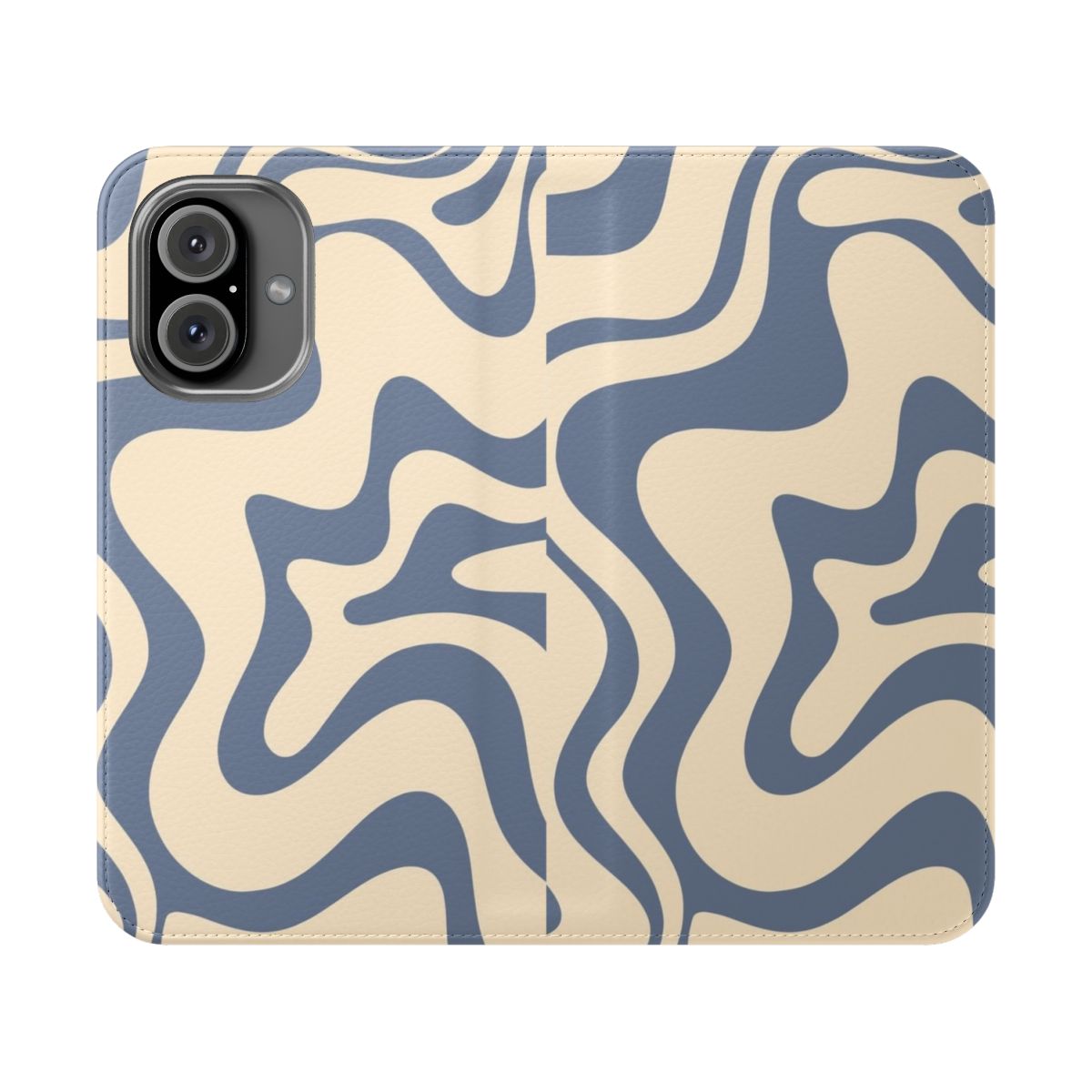 Flip phone case with a retro abstract swirling pattern in shades of blue and cream