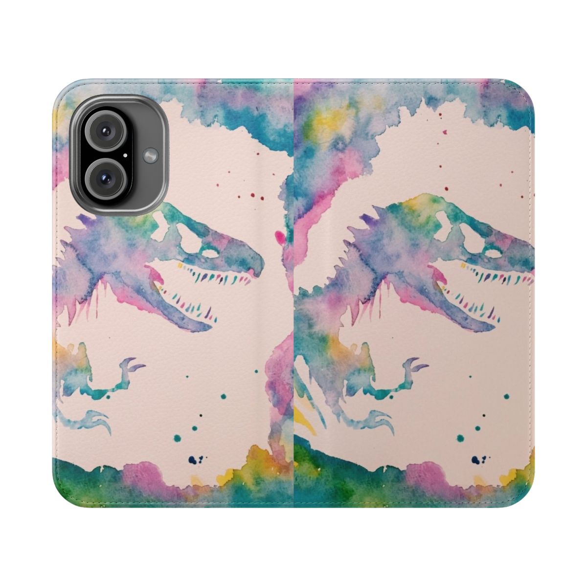 Colorful watercolor illustration of dinosaurs on a flip phone case