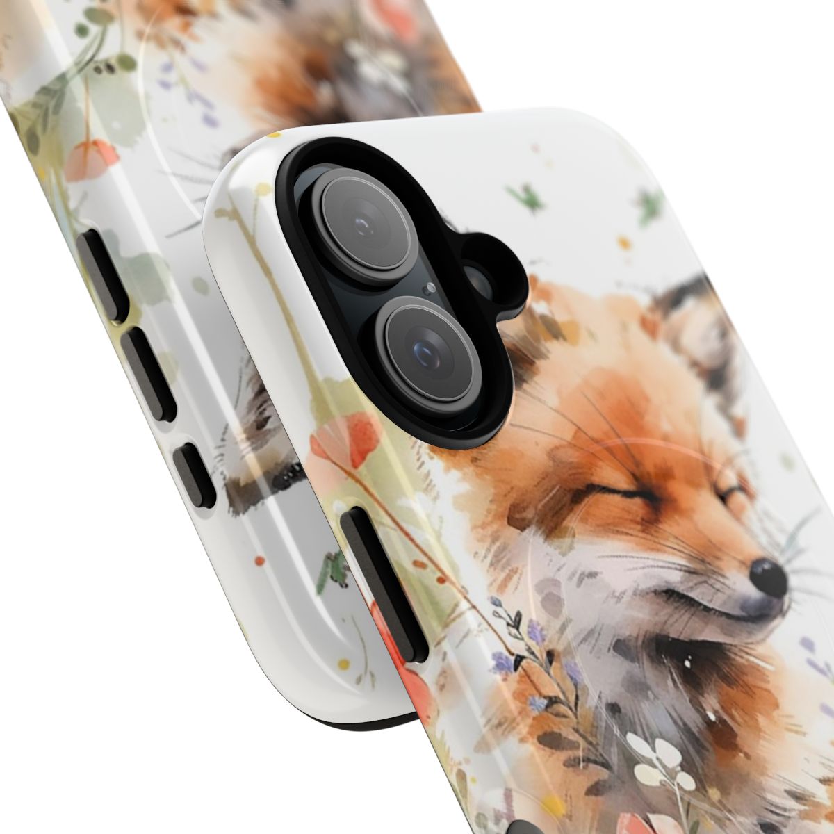 A phone case featuring a cute, whimsical watercolor illustration of a fox surrounded by flowers. - Detail