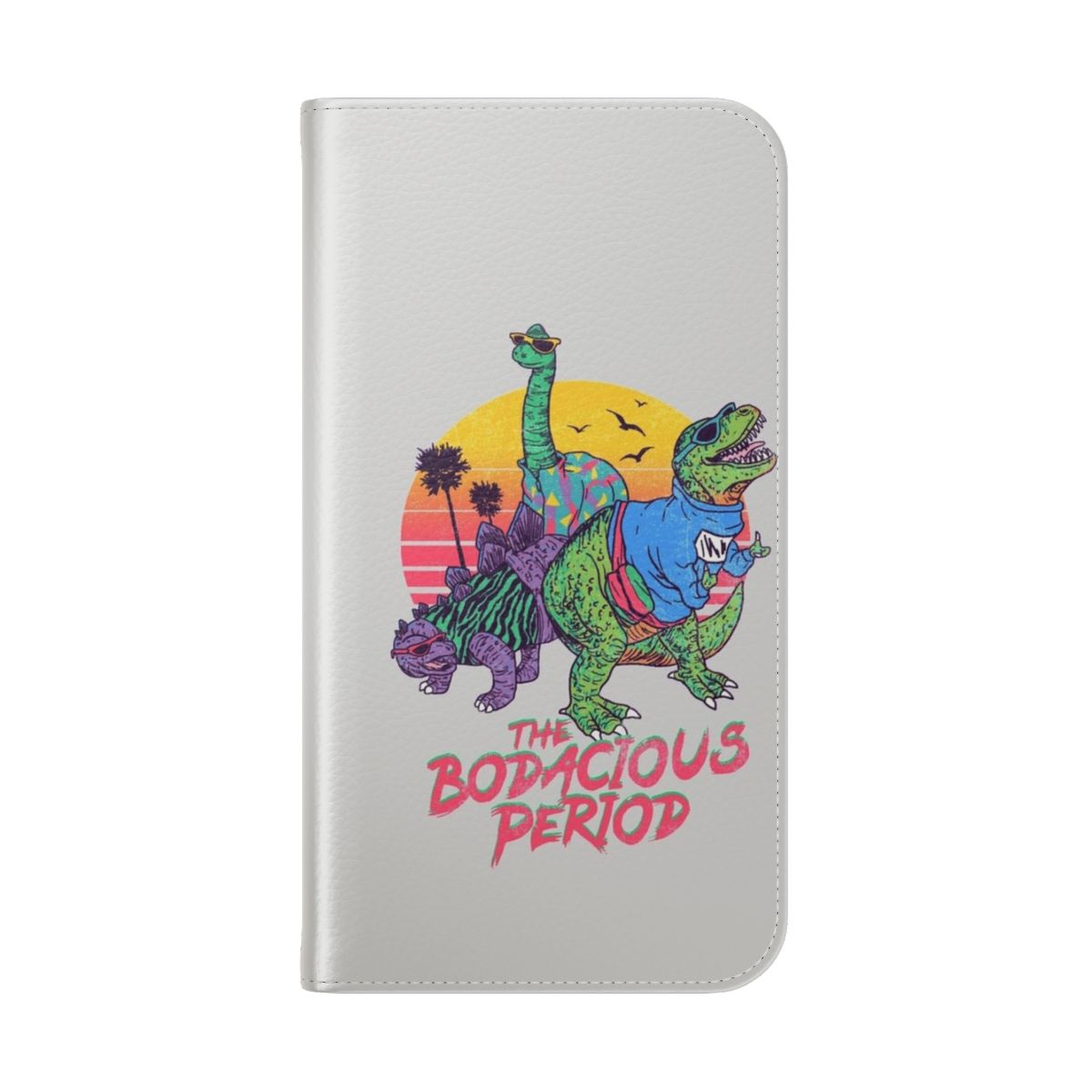 Vibrant dinosaur-themed retro phone case in a variety of summer-inspired colors and patterns. - Folded Back