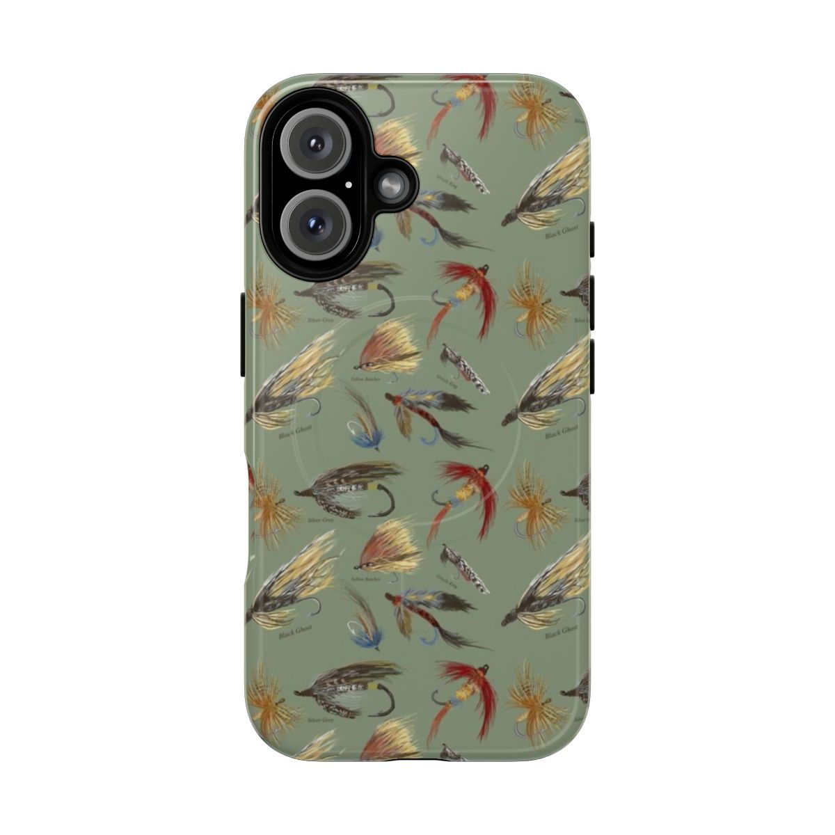 Fly fishing enthusiasts holding a magnetic tough phone case with hand-tied flies