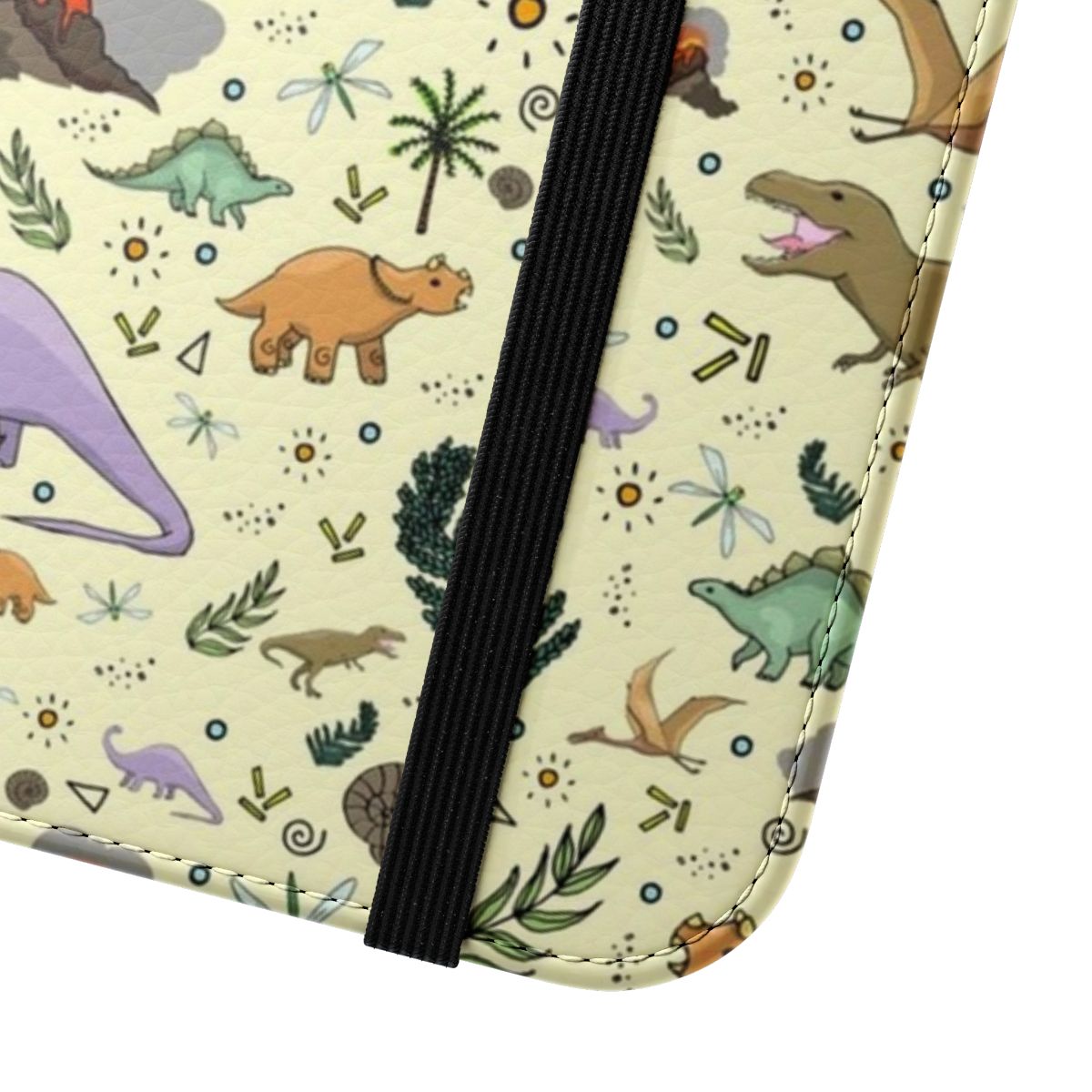 Colorful dinosaur pattern phone case with popular dinosaur species like brontosaurus, triceratops, and t-rex. - Close Up