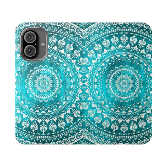 Vibrant mandala-patterned turquoise phone case with intricate tribal design