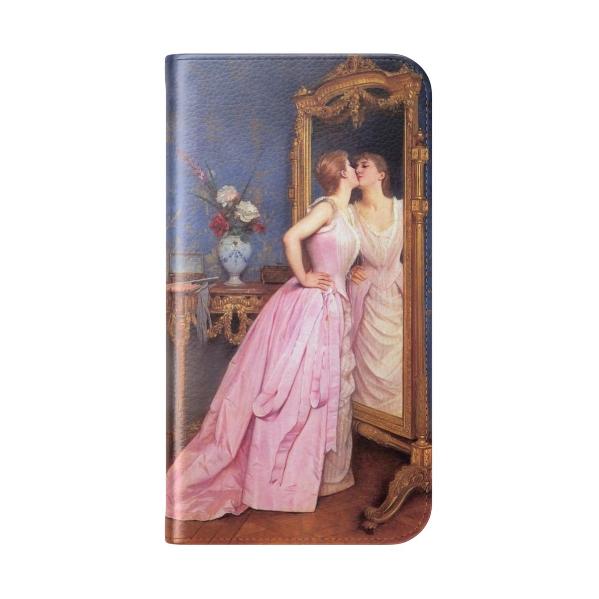 A vintage-style flip cover phone case featuring a classical portrait of a woman - Folded Back