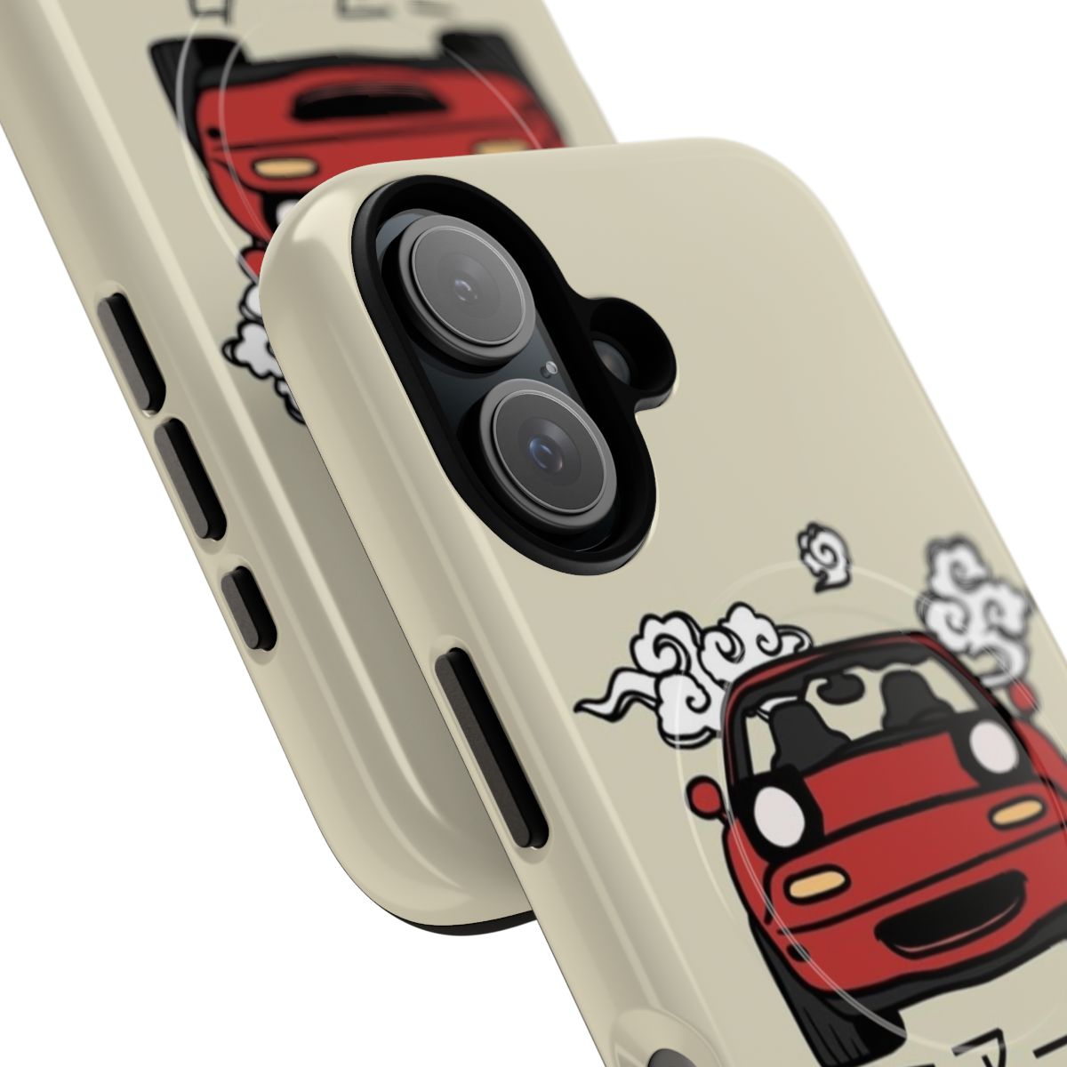 Sleek and protective phone case with a magnetic design, featuring a Miata-inspired red and black color scheme. - Detail