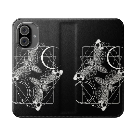 Flip phone case with a dark art design featuring death moths, skulls, and moon phases.