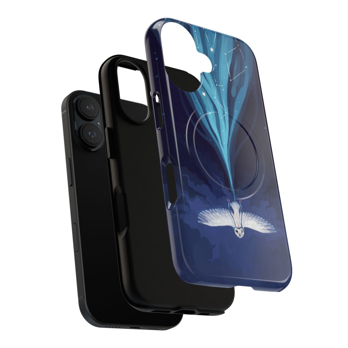 A mystical phone case featuring a night owl soaring against a starry sky backdrop. - Layers