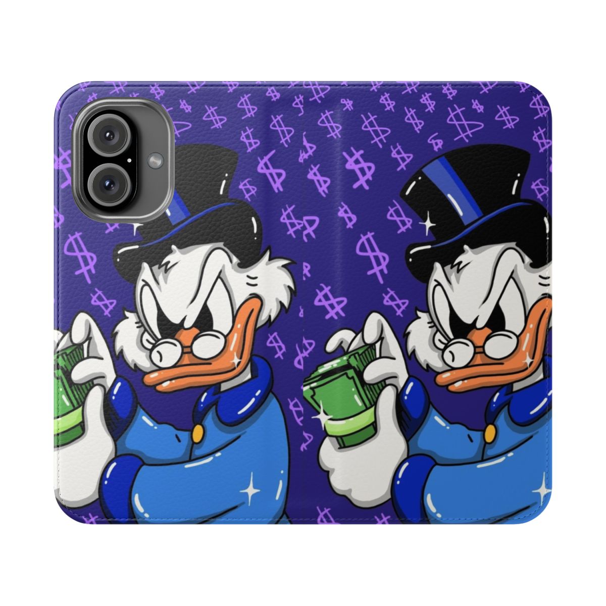 Vintage-style flip cover phone case featuring Scrooge McDuck character design by artist Eva Kiseleva