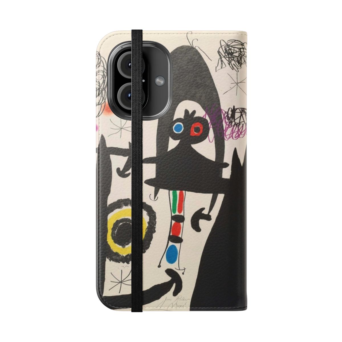 Flip cover phone case featuring the abstract artwork "Escalade vers la Luna" by renowned artist Joan Miro - Folded Front