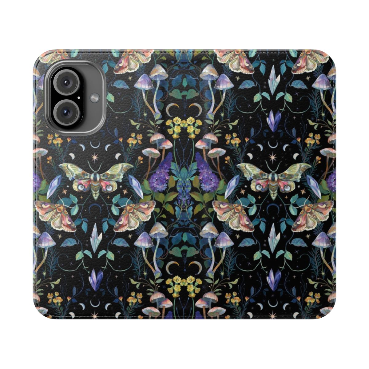 Flip phone case featuring a crystal moth and mushroom design in a botanical, mystical style