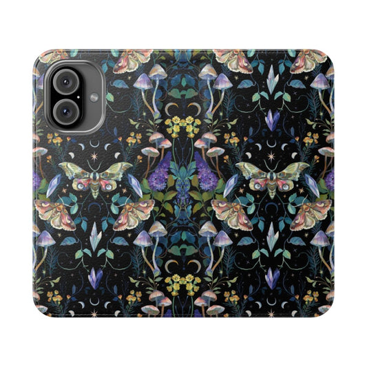 Flip phone case featuring a crystal moth and mushroom design in a botanical, mystical style