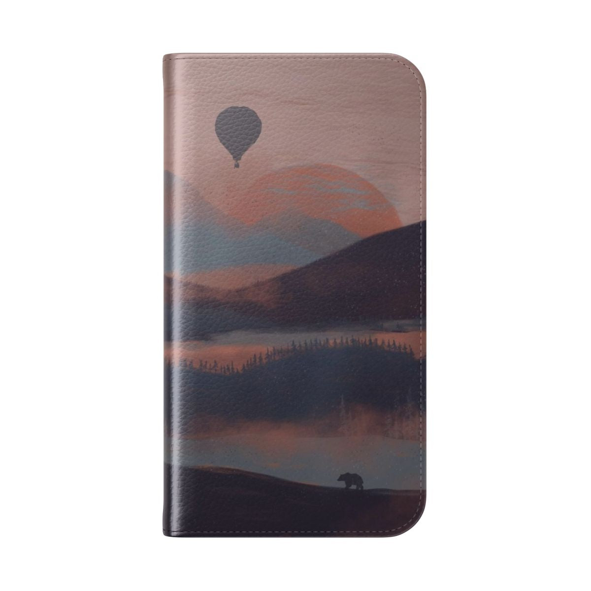 Flip cover phone case featuring a serene mountain landscape with a hot air balloon, river, and fog - Folded Back