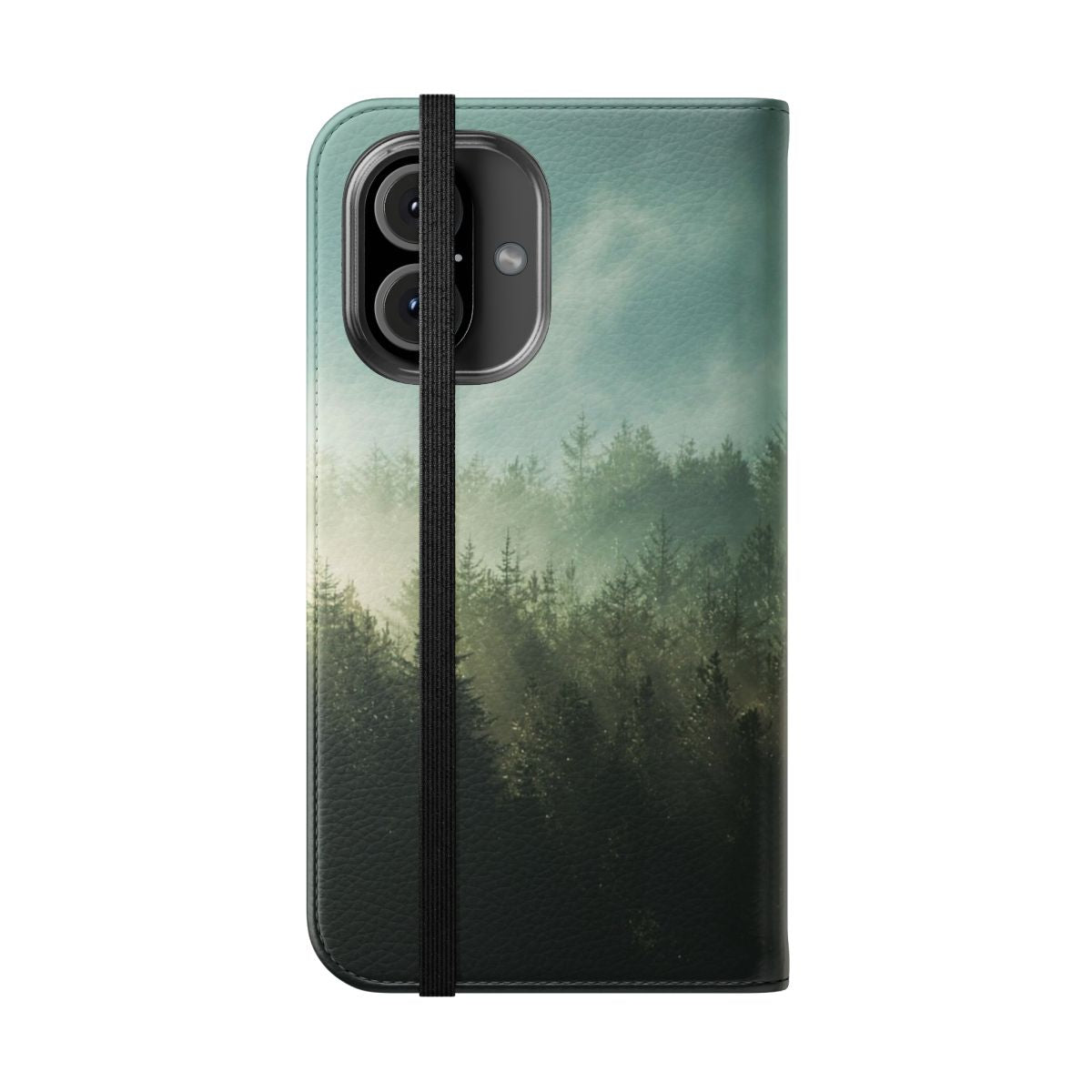 Flip cover phone case with a misty, moody forest landscape design - Folded Front