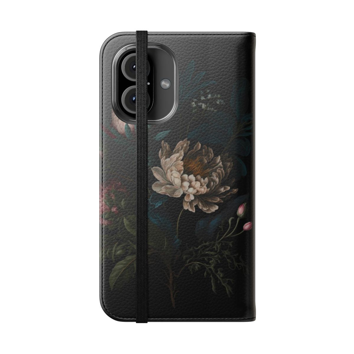 Dark academia style phone case with a peony bouquet and botanical floral pattern - Folded Front