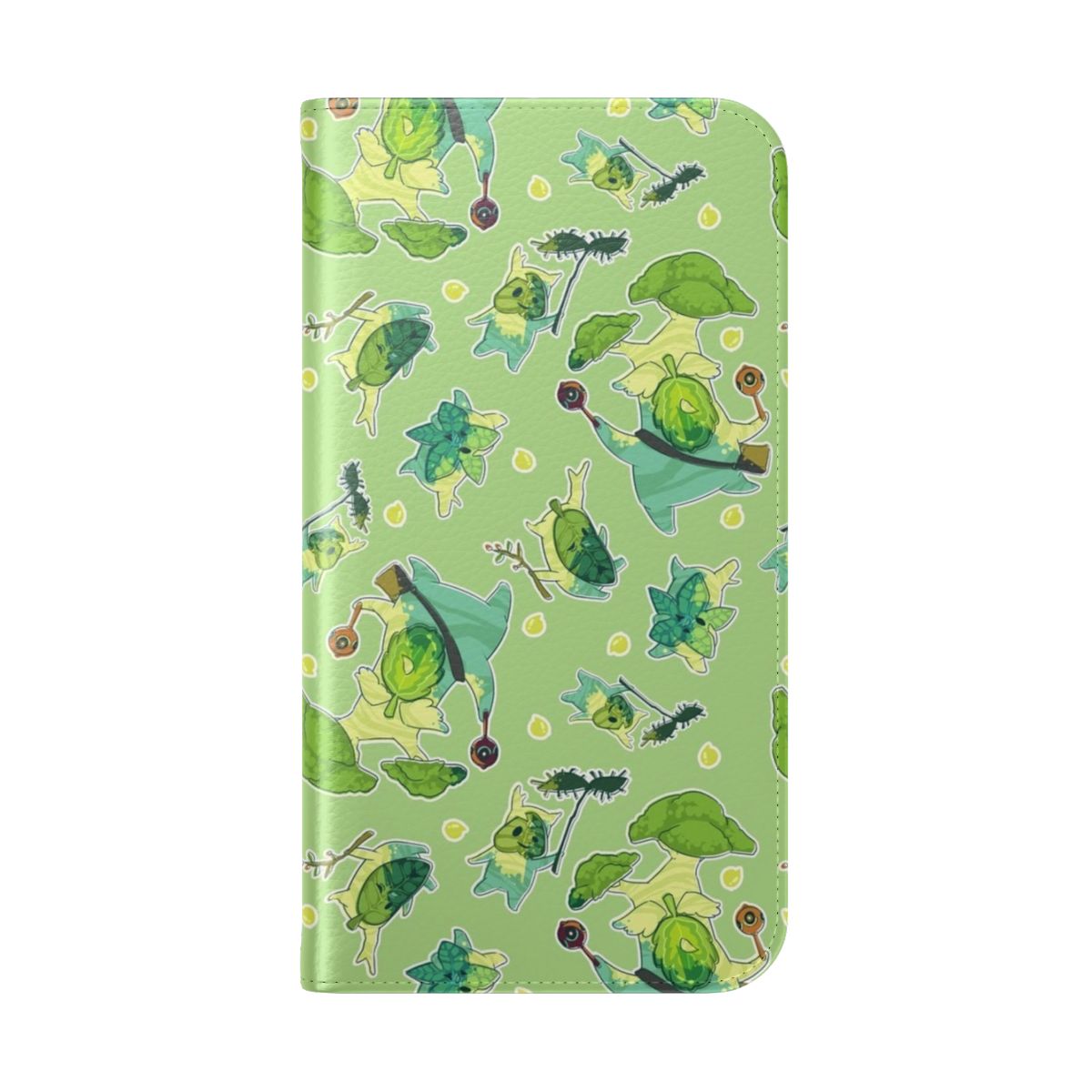 A green and brown phone case with a repeating Korok pattern, inspired by The Legend of Zelda: Breath of the Wild. - Folded Back