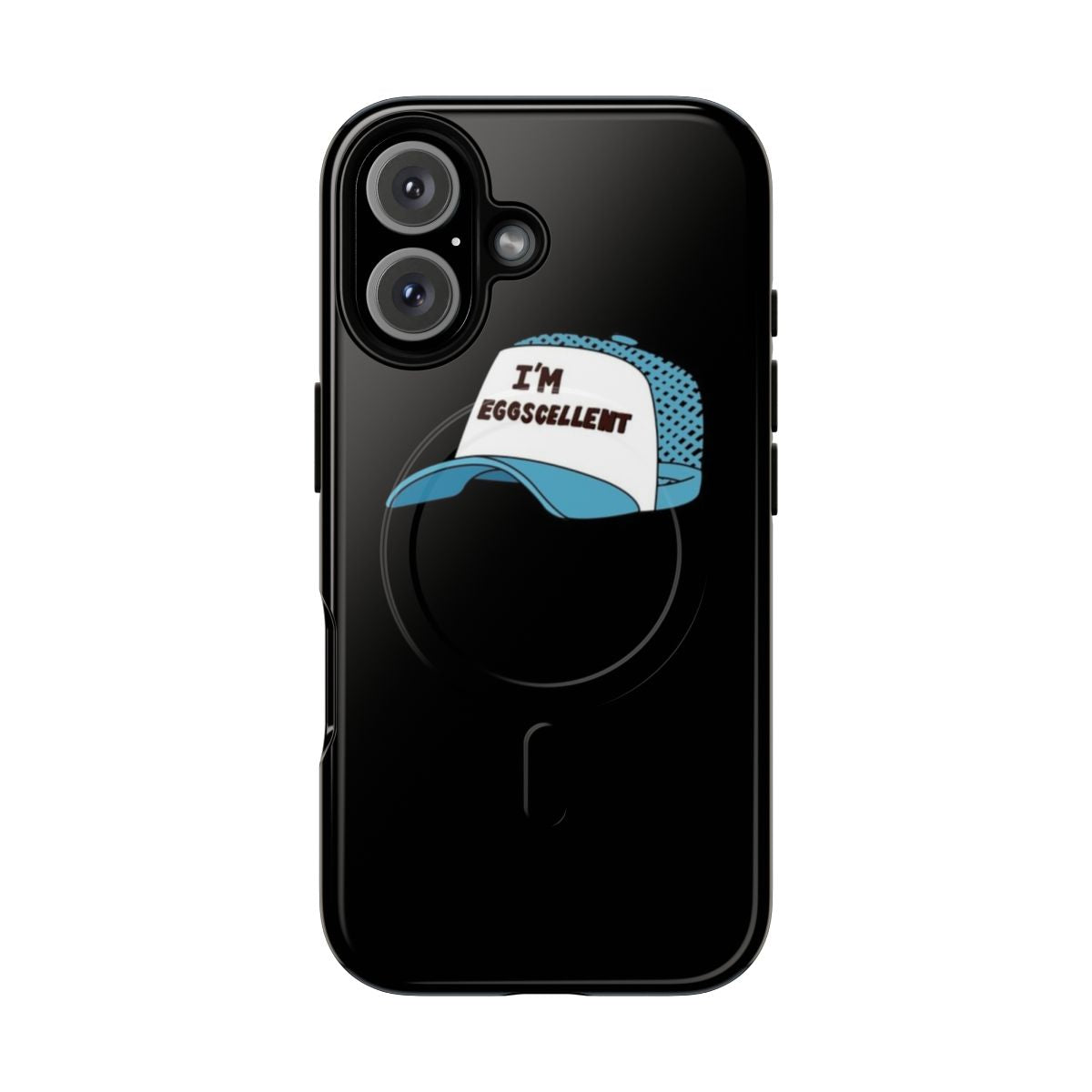 Eggscellent-themed Regular Show magnetic tough phone case with characters Mordecai, Rigby, Muscle Man, and High Five Ghost.