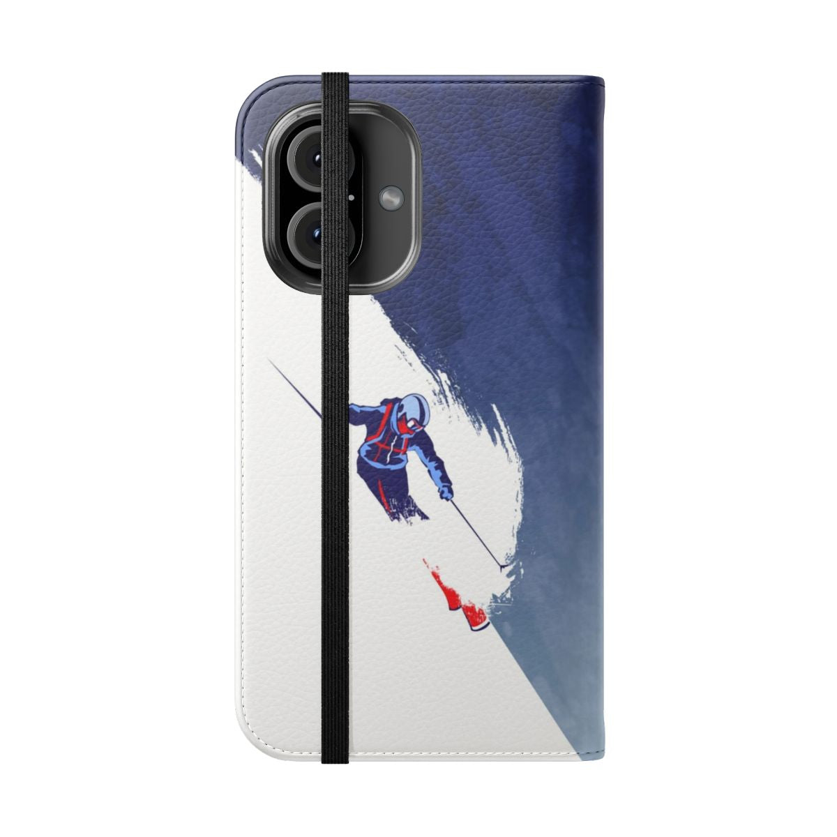 A ski-themed phone case with a vintage-inspired design featuring the text "Powder to the People". - Folded Front